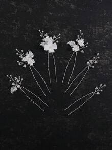6pcs Handmade Polymer Clay Flowers With Silver Leaves & Faux Pearls, Casual & Fashionable Hairpin/Tiara Set For Women & Brides Boho