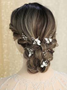 6pcs Handmade Polymer Clay Flowers With Silver Leaves & Faux Pearls, Casual & Fashionable Hairpin/Tiara Set For Women & Brides Boho
