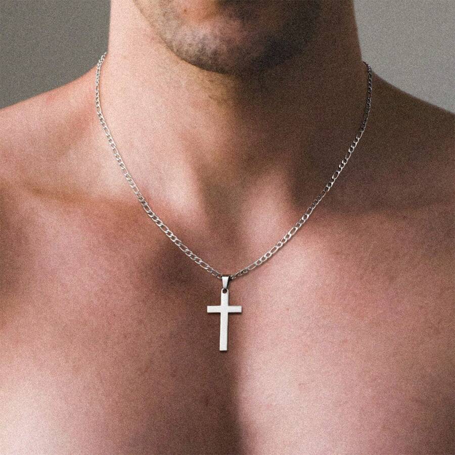 1件简约西部十字架吊坠项链，不锈钢材质，男士饰品，日常装饰礼品