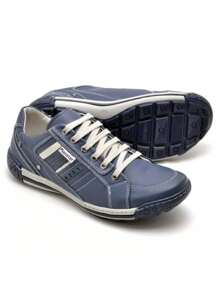 Tênis Sapatenis Masculino Em Couro Legitimo Palmilha Super Macia em PU Gel - Azul - Visão 1