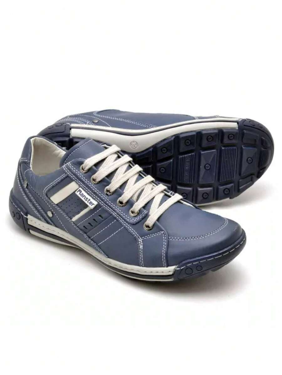Tênis Sapatenis Masculino Em Couro Legitimo Palmilha Super Macia em PU Gel - Azul - Visão 1