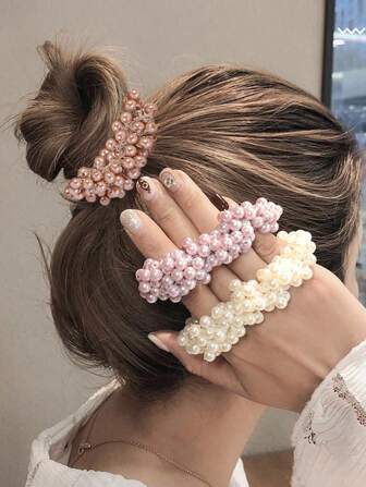 3pcs Faux Pearl Hair Ties & Elastic Hair Ties For Women, Bun & Ponytail Holders Elegant Hair Rubber Bands Hair Rope, Hair Bobbles Hair Accessories