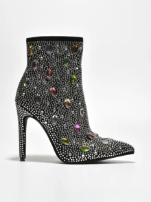 Gemgem Women's Rhinestone Gems Pointy Toe Heeled Boots - Silver - View 2