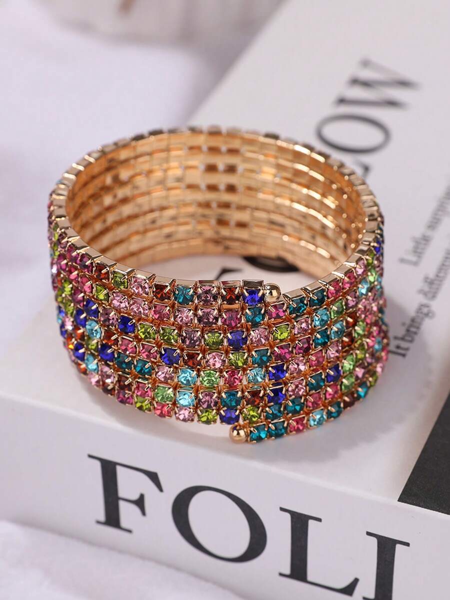 1pc Women's Multi-Layer Rhinestone Bracelet With Elastic Band, And Creative Design - Multicolor - View 1