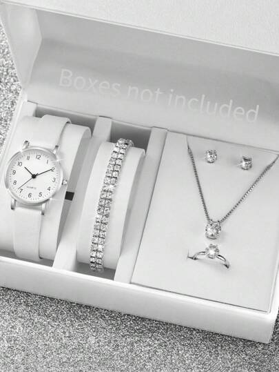 女士时尚皮革表带腕表，带小数字表盘 + 珠宝套装（6 件/套）节日作为返校学生的礼物