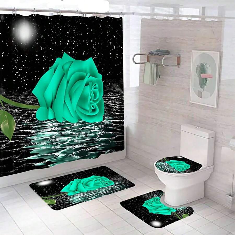 1 Miếng Màu xanh lá Hoa hồng In Chiếu sáng Không thấm nước Polyester Gương sen Rèm tắm chống nước Bộ Với Thảm trải sàn - màu xanh lá - Xem 1