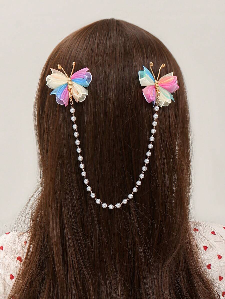 2 pièces Pinces à cheveux avec papillon coloré et faux perles, conviennent pour un port quotidien pour filles
