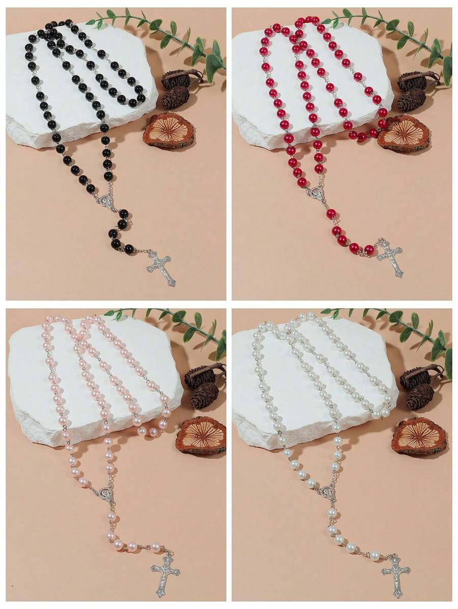 1pc Black & Pink Round Bead & Faux Pearl & Cross Pendant Necklace, Simple Style Sweater Chain - glass bead necklace - View 1