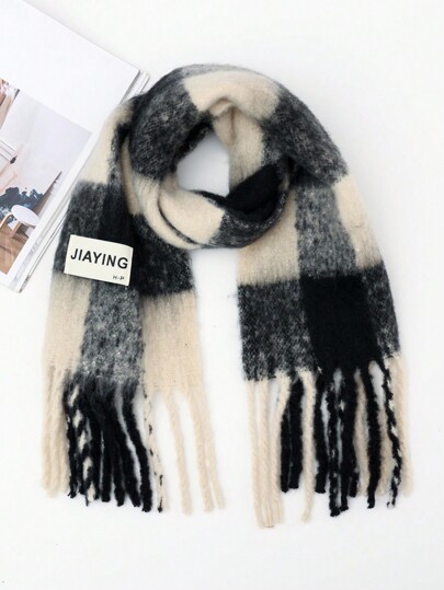 1pc Children's Thickened Soft Warm Grid Fringed Scarf, Suitable For Daily Use In Cold Weather