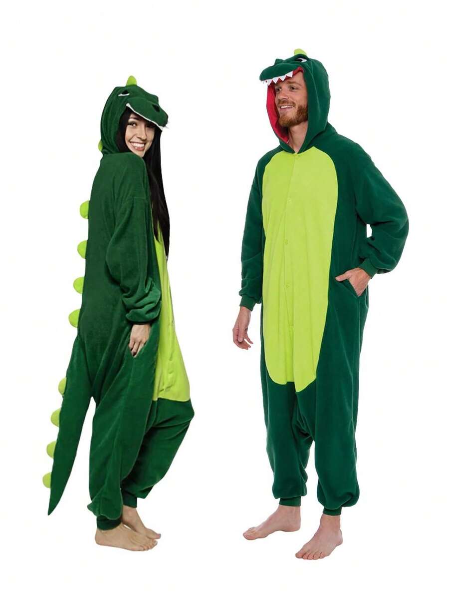 Pijama Dinosaurio Completa Disfraz Mameluco de Dinosaurio de Dibujos Animados Navideños, Ropa de Dormir de una Pieza con Botones Novedosos y Cómodos, Disfraces de Fiesta, Ropa de Estar por Casa y Ropa De Dormir Para Mujer y Hombre - Verde - Ver 1