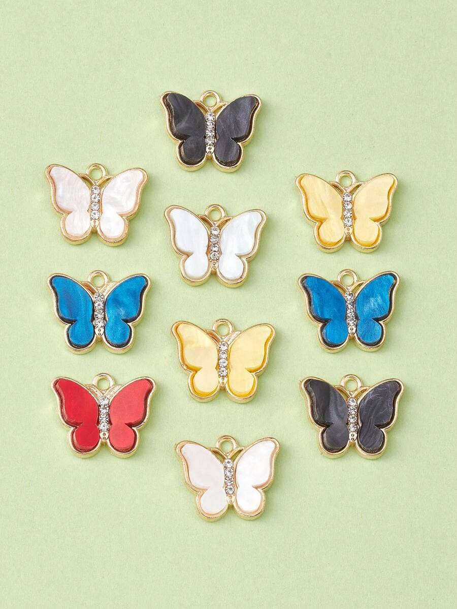 10入組混色鋅合金丙烯酸鑲嵌蝴蝶吊墜,適用於diy珠寶製作,適用於耳環、手鏈、項鍊