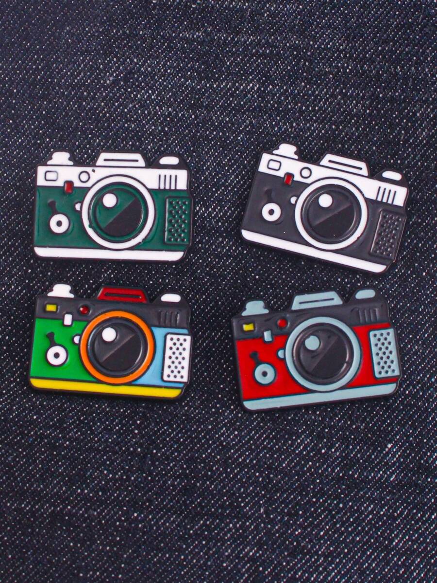 4pcs Cartoon Zinc Alloy Simple Camera Shaped Brooch Pin, Suitable For Daily Outfits Of Men And Women