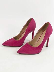 2024年女士新款欧美时尚法式圆头高跟鞋，舒适简约时尚精致布面细跟高跟鞋，易穿百搭性感低帮尖头绒面天鹅绒质感春秋冬职场鞋优雅时尚优雅鞋款 - 玫紅色 - 查看 6