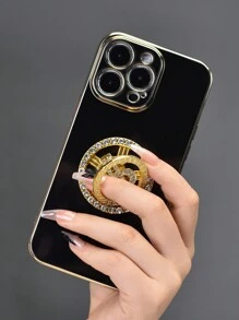 1件美元鍍金鑲嵌鑽石轉動支架手機殼，具有內置握把和支架，防震超薄，全身保護帶相機鏡頭保護蓋，軟殼兼容 iPhone 7/8/11/12/13/14/15/X/Xr/Xs/Plus/Pro/Pro Max/Se2/Mini 系列 - 黑色 - 查看 3