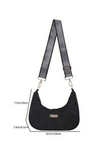 Adjustable Shoulder Strap Printed Wallet Purse, Solid Color Fashion Multi-use Crescent-shaped Crossbody Bag For Women - Black - View 2