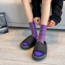 1 双线色块条纹中筒袜，双针双线设计运动袜 - 紫色 - 查看 7