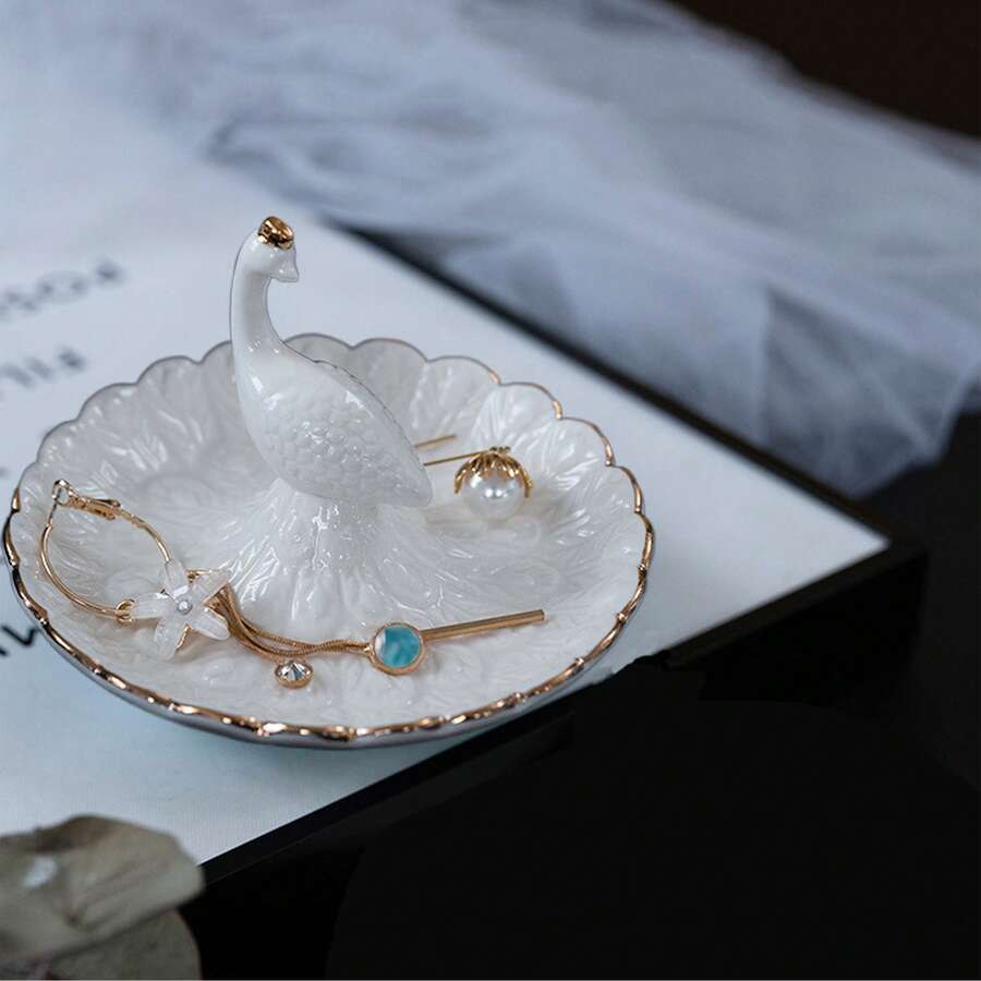 morningsilkwig 1 件裝飾陶瓷孔雀首飾托盤香水托盤禮品戒指盤首飾盤適合生日、情人節、母親節、新年、結婚紀念日 - 白色 - 查看 1