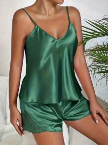 蕾丝拼接露背吊带背心和短裤睡衣套装，圣诞节礼物