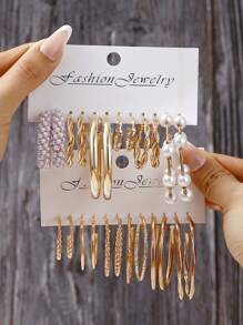 24對/組時尚仿珍珠耳環,黃金幾何參差設計,適用於約會和派對 - 金黃色 - 查看 1