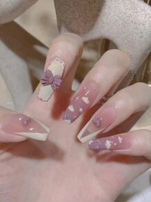 24入組中長棺材形3d假甲,淡紫色配蝴蝶結設計,適合派對,附有啫喱膠、甲板和棒子 - 彩色 - 查看 1