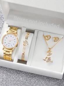 女士石英表，配有简约数字表盘、钢表带和 6 件心形首饰套装（不含表盒） - 玫瑰金 - 查看 1