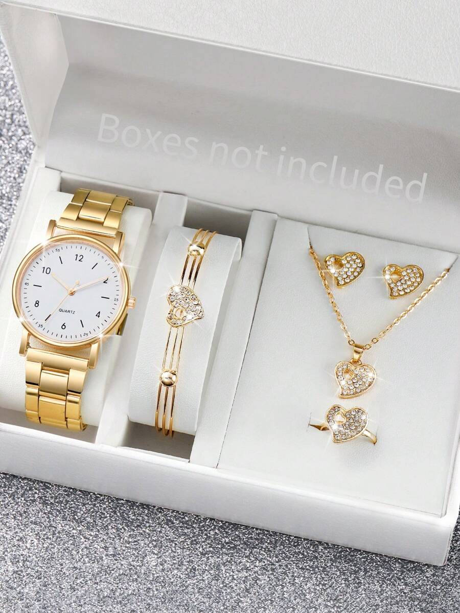 女士石英表，配有简约数字表盘、钢表带和 6 件心形首饰套装（不含表盒） - 玫瑰金 - 查看 1