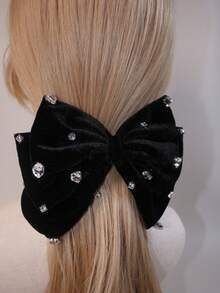 1入女士黑色髮夾,帶有鑲嵌鑽石的愛心、方形水晶和蝴蝶結,適用於假日、派對、生日和聖誕節