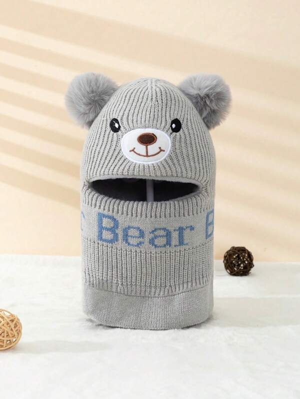1pc Unisex Kids' Bear Shaped English Printed Thickened Winter Hat With Pom Pom, Warm Knitted Gray Baraka Cap, Suitable For Daily Wear In Autumn And Winter, A Great Gift For Children In Winter