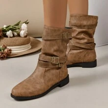 復古尖頭增高西部牛仔靴,累計靴款式,時尚多變組合,適合女性 - 棕色 - 查看 1