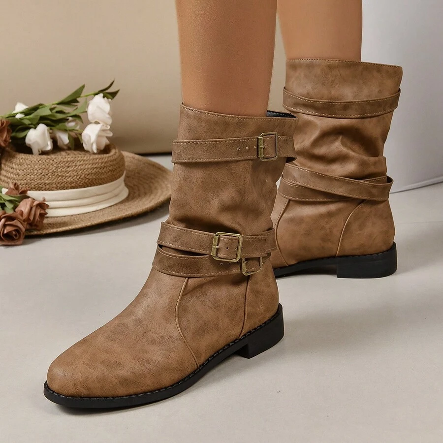 復古尖頭增高西部牛仔靴,累計靴款式,時尚多變組合,適合女性 - 棕色 - 查看 1
