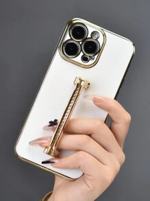 1pc Electroplated Diamond Studded Button Bracket Black/Purple/Pink/White/Green/Blue Plating Phone Case With Hidden Bracket Shaking Protection Ultra-Thin Shell Anti-Fall Cover Camera Lens Full Protection Soft Phone Case For Iphone7/8/11/12/13/14/15/X/Xr/Xs/Plus/Pro/Pro Max/Se2/Mini Series - White - View 4