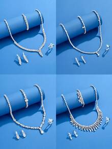 DV JEWELRY 5入組人工鋯石白色鍍金豪華珠寶套裝,包括項鍊、手鏈、耳環、開放式戒指,具有禮品盒包裝,非常適合約會、派對、紀念卡