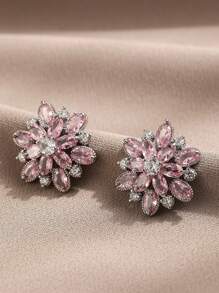 2 件浪漫花朵 CZ 锆石大粉色耳钉女士情人节礼物情人 - 粉色 - 查看 7