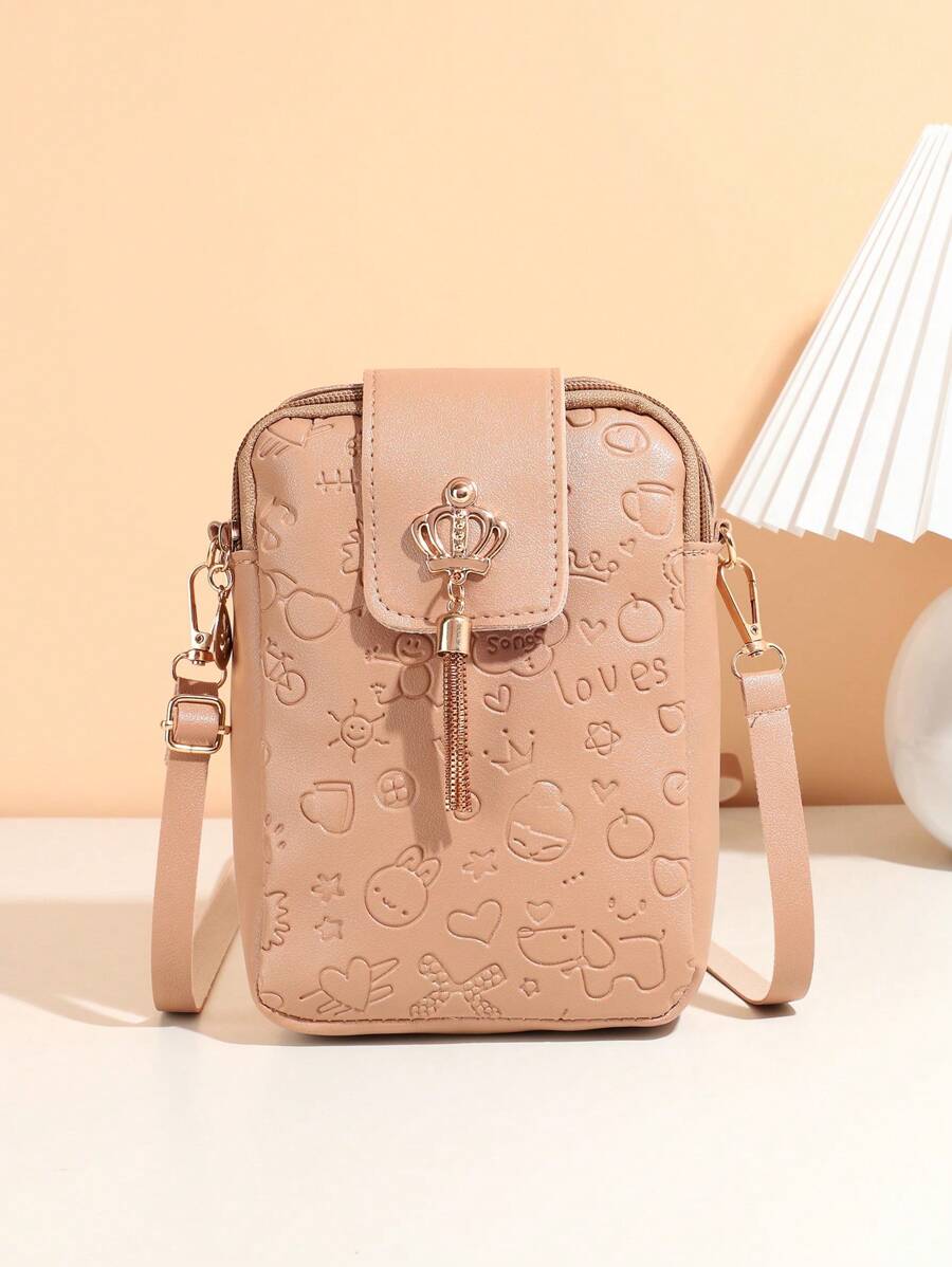 垂直手机包，斜挎包，流苏装饰斜挎包，皇冠设计单肩包