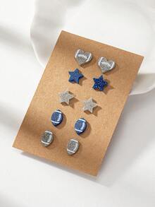 Acrylic  Football Soccer Rugby Star Heart Stud Set Game Day Earrings for Women - Blue and White - View 4