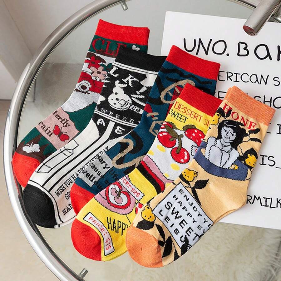 5 双女士袜子春秋季欧美复古时尚潮流嘻哈袜 - 彩色 - 查看 1