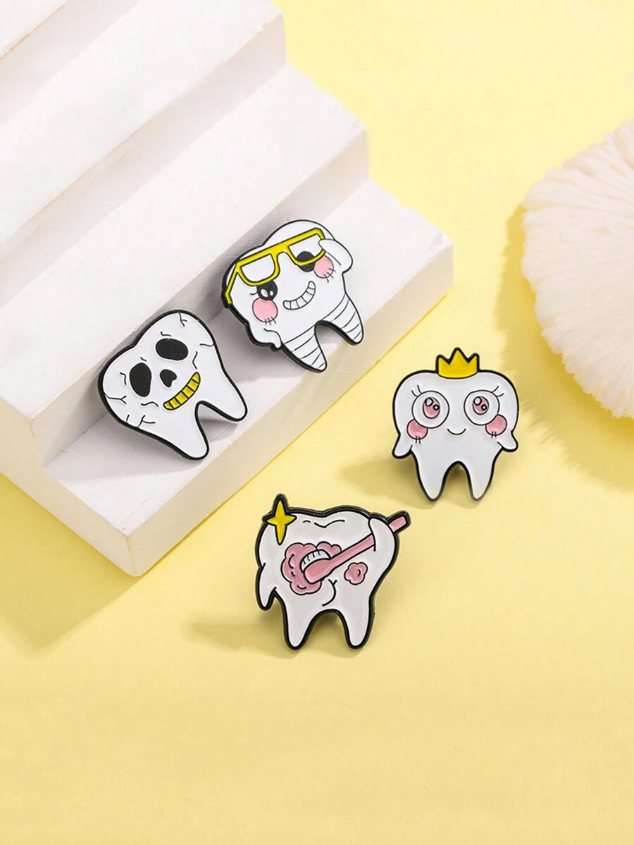 1pc Cartoon Teeth Design Brooch Including Skull Teeth, Decayed Teeth, Tooth Princess, With Oil Drip Paint - Multicolor - View 1