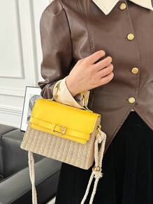 Women's Straw Spliced Belt Design Portable Small Square Bag New Shoulder Crossbody Kelly Korean Version Bag - Yellow - View 5