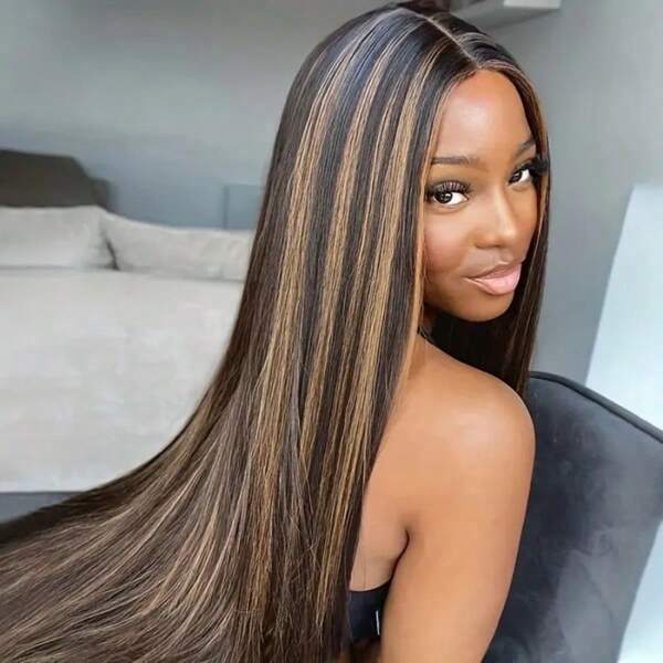 4x1 Lace Part Straight Wigs Synthetic Highlight Brown Long Straight Hair Wigs 30 Inch Middle Part Nature Black Wig For Women Heat Resistant Synthetic Hair Red Wigs For Halloween Christmas Daily Party Cosplay