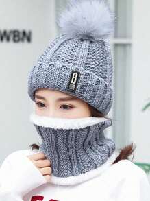 女士冬季帽子圍巾套裝,韓國風格針織帽戶外防風頸部保護,加厚&保暖,適用於戶外活動 - 灰色 - 查看 1