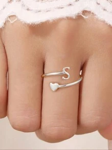 光滑戒指 26个英文字母戒指 心形字母戒指 素面戒指 开口戒指 简约个性化戒指 - 銀色 - 查看 4