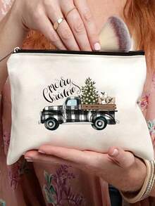 聖誕快樂可愛的禮品卡車聖誕樹,聖誕禮物,化妝包,可愛的復古簡約時尚字母圖案印花袋收納袋,適合女孩的禮物,小物品收納化妝袋,收納袋,聖誕化妝收納袋,化妝品收納袋,手提包,輕便摺疊收納袋,簡約購物袋,老師送禮物手提包,適合個人旅行化妝品收納 - 米色 - 查看 3