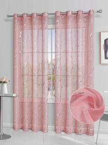 1 Pieza Cortina Rosa Transparente Con Relieve Plateado Moderno De Poliéster, Ideal Para Separación De La Habitación Y La Sala De Estar, Con Líneas Decorativas