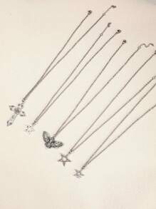 5pcs/Set Y2k Vintage Gothic Punk Rock Style Star & Rhinestone Inlaid Cross & Butterfly Pendant Necklace With Stainless Steel Chain