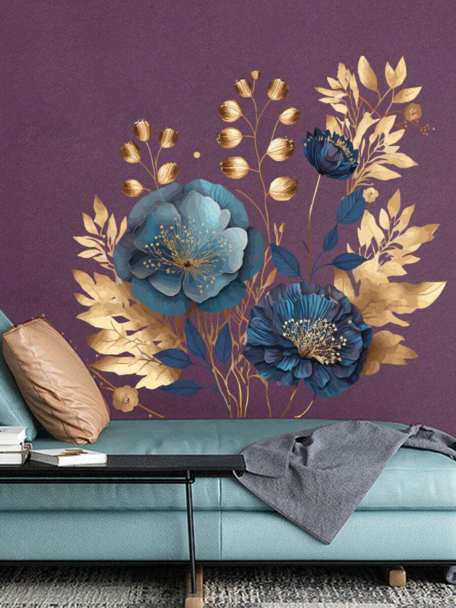1pc Blue Petal & Golden Flower Decorative Wallpaper, Suitable For Living Room Wall, Glass, PVC Material