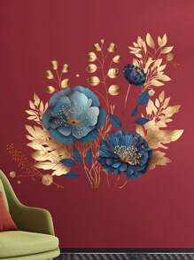 1pc Blue Petal & Golden Flower Decorative Wallpaper, Suitable For Living Room Wall, Glass, PVC Material