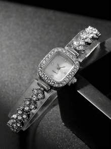 5件时尚百搭钻石嵌带时尚个性方形简约女士手表镶钻手链项链耳钉组合套装，珠宝礼品套装，作为学生返校礼物 - 銀色 - 查看 3