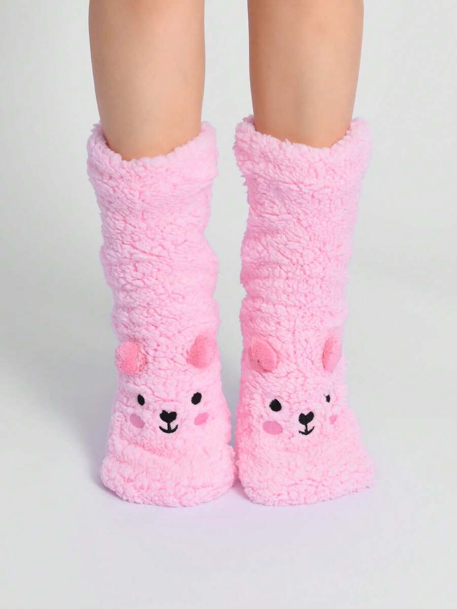 1 双女士圣诞图案保暖内衬地板袜，加厚珊瑚绒可爱防滑长袜，适合秋冬季睡眠、室内活动