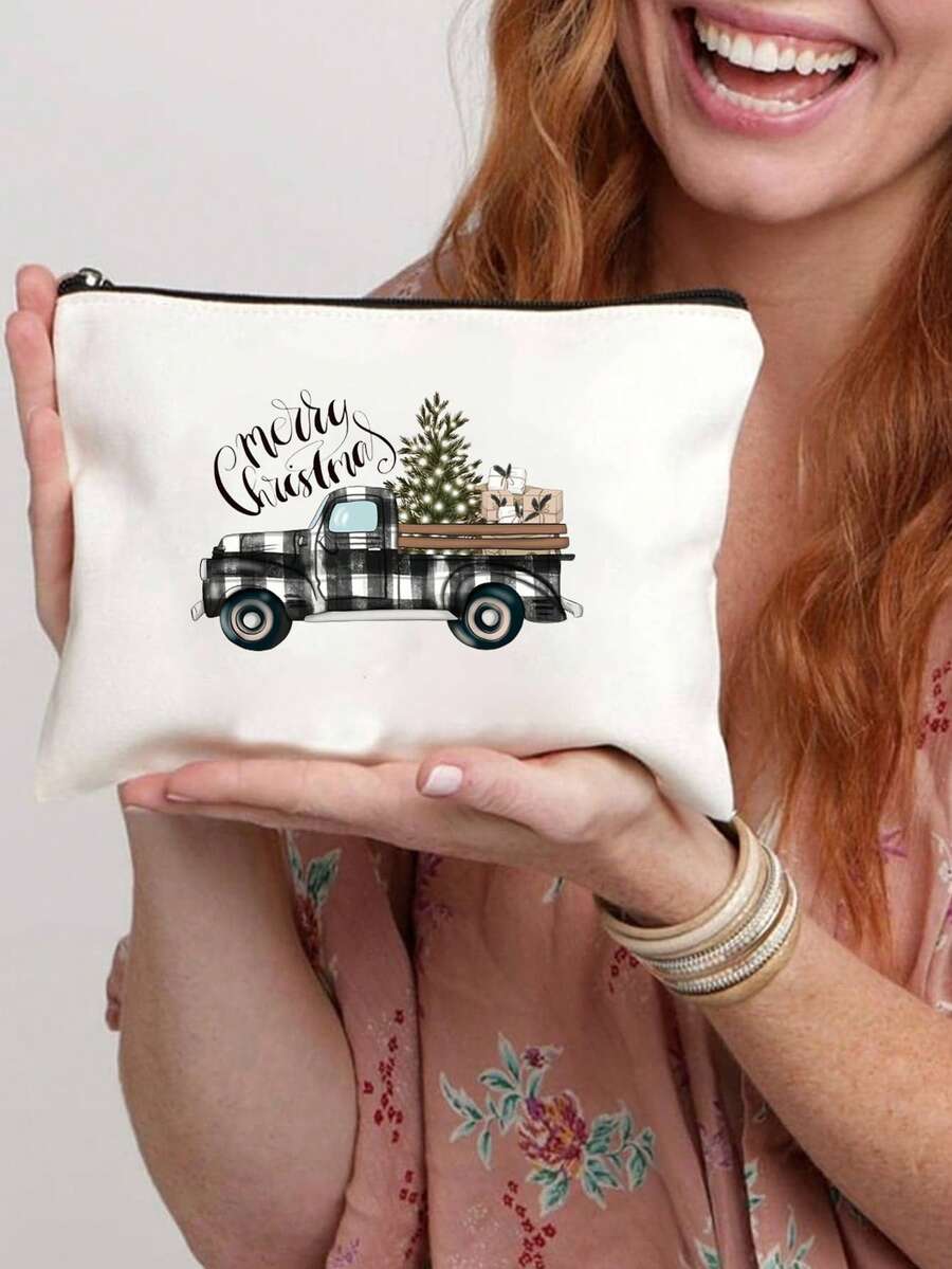 聖誕快樂可愛的禮品卡車聖誕樹,聖誕禮物,化妝包,可愛的復古簡約時尚字母圖案印花袋收納袋,適合女孩的禮物,小物品收納化妝袋,收納袋,聖誕化妝收納袋,化妝品收納袋,手提包,輕便摺疊收納袋,簡約購物袋,老師送禮物手提包,適合個人旅行化妝品收納 - 米色 - 查看 1