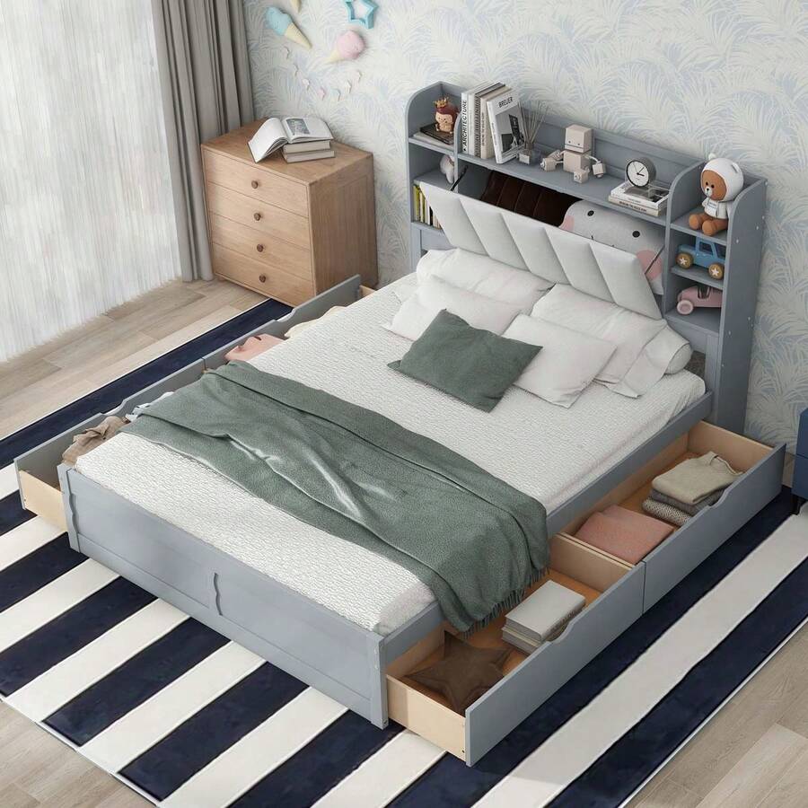 MERAX Wood Queen Size Platform Bed With Storage Headboard, Shelves And 4 Drawers - 灰色的 - 查看 1